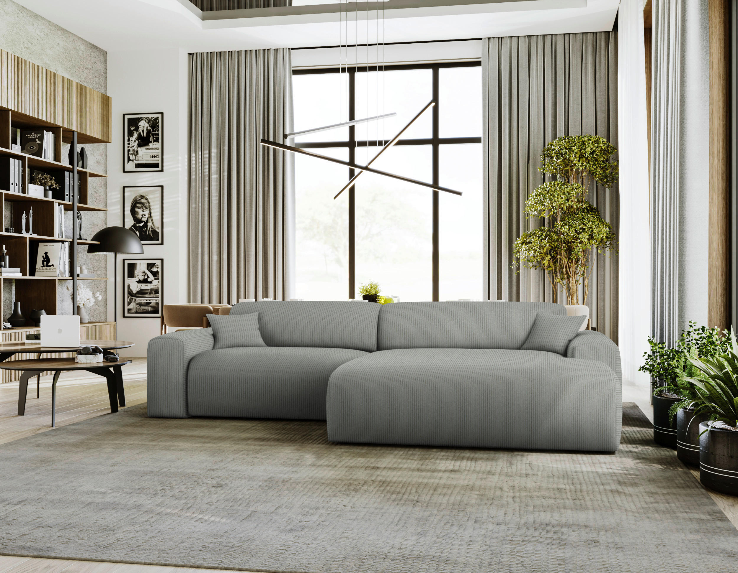 ECKSOFA in Velours, Feincord Hellgrau  - Hellgrau/Schwarz, Design, Kunststoff/Textil (292/178cm) - Livetastic