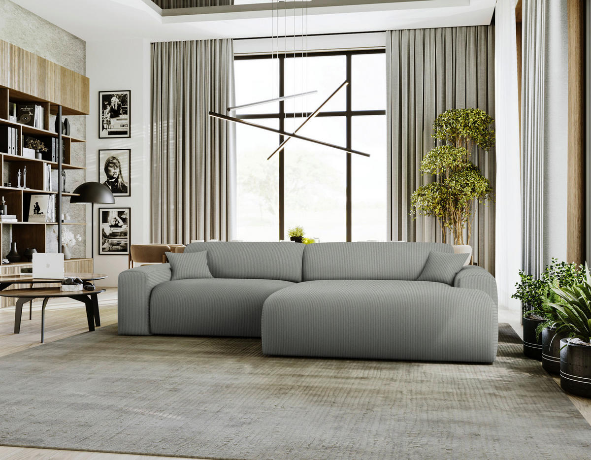 ECKSOFA in Velours, Feincord Hellgrau  292/178 cm  - Hellgrau/Schwarz, Design, Kunststoff/Textil (292/178cm) - home24