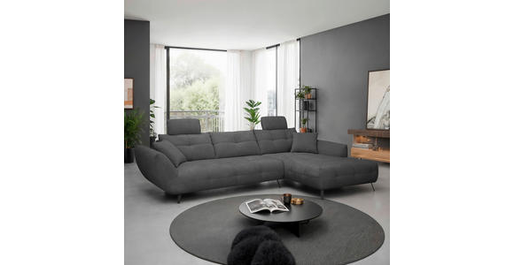ECKSOFA Anthrazit Chenille Armlehnenkissen, Rücken echt, Sitztiefenverstellung  - Anthrazit/Schwarz, KONVENTIONELL, Textil/Metall (313/215cm) - Hom`in