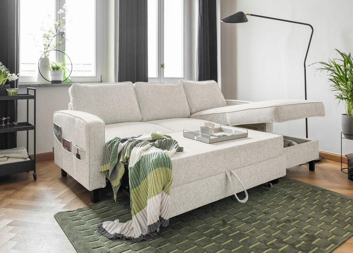 ECKSOFA in Struktur Beige  - Beige/Schwarz, Holz/Textil (228/148cm) - MID.YOU