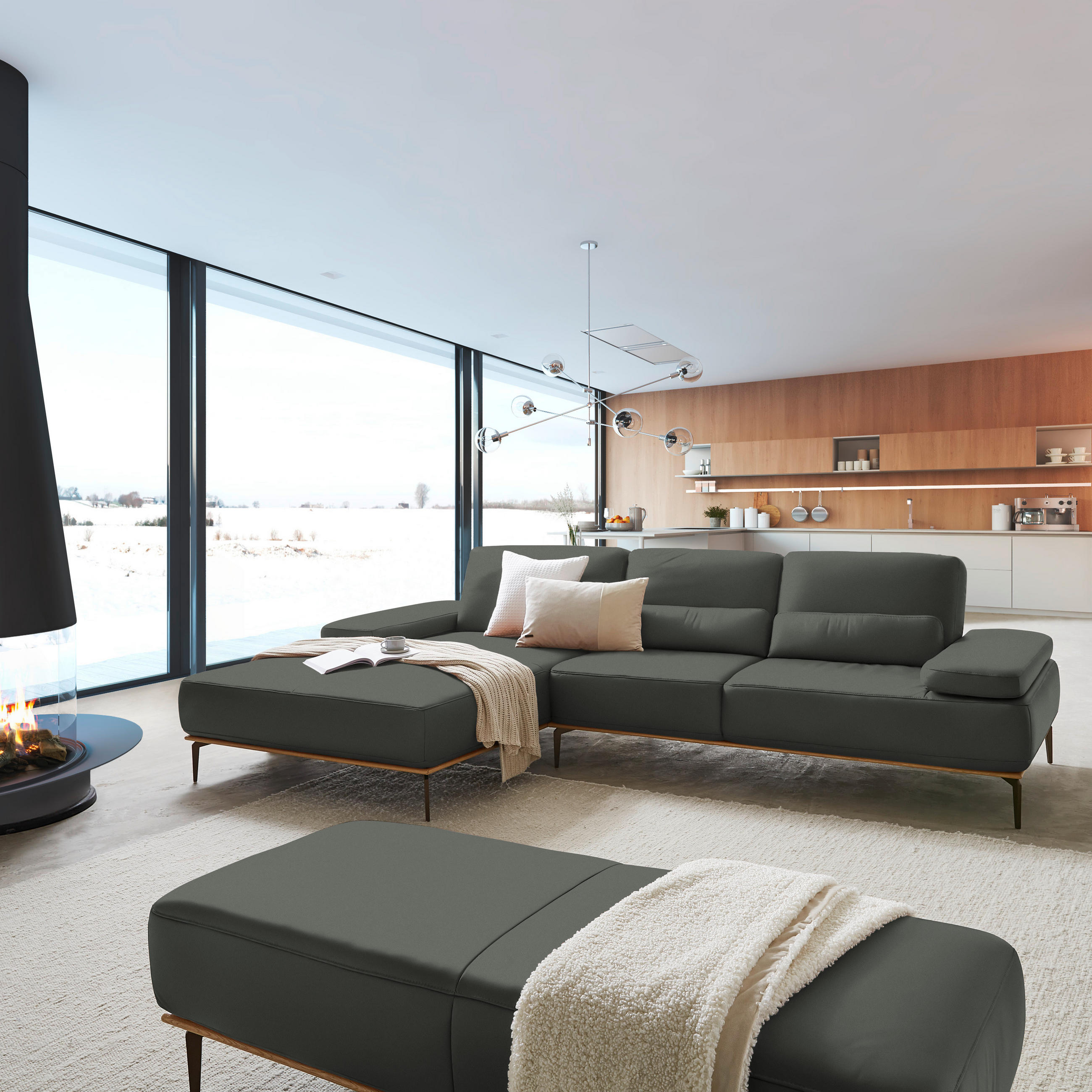ECKSOFA in Echtleder Anthrazit  - Anthrazit/Bronzefarben, Design, Leder/Holz (176/314cm) - Valnatura