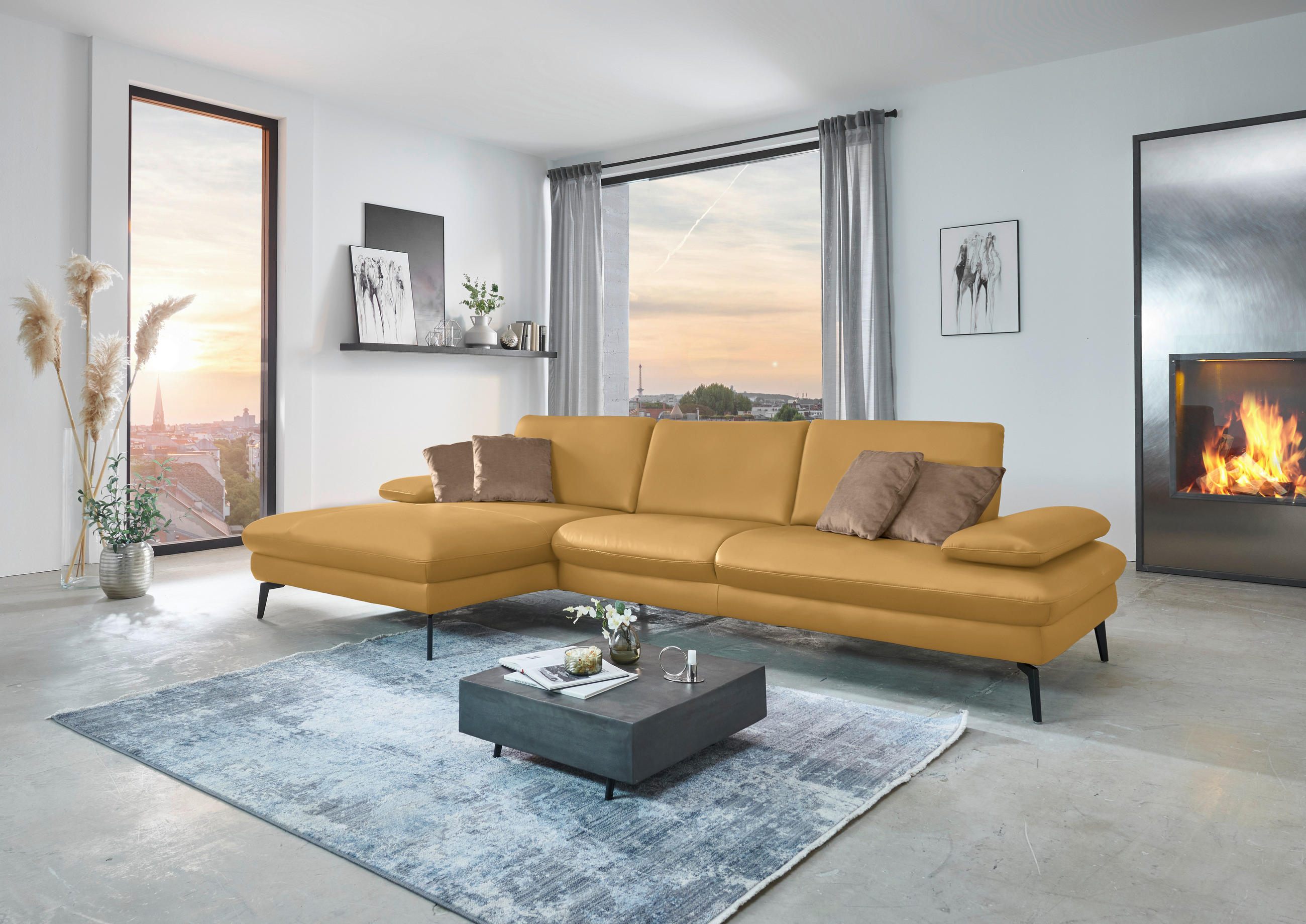 ECKSOFA in Echtleder Gelb  - Gelb/Schwarz, Design, Leder/Metall (157/325cm) - Dieter Knoll
