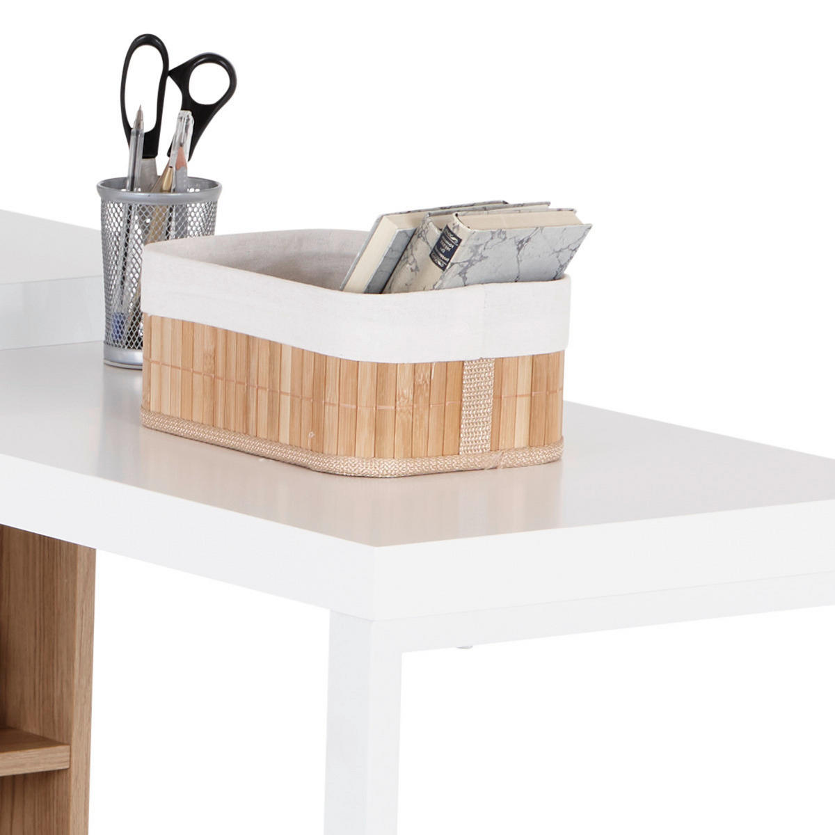 KOTNA PISALNA MIZA kovina, leseni material bela, barve hrasta  - barve hrasta/bela, Moderno, kovina/leseni material (140/60/75cm) - MID.YOU