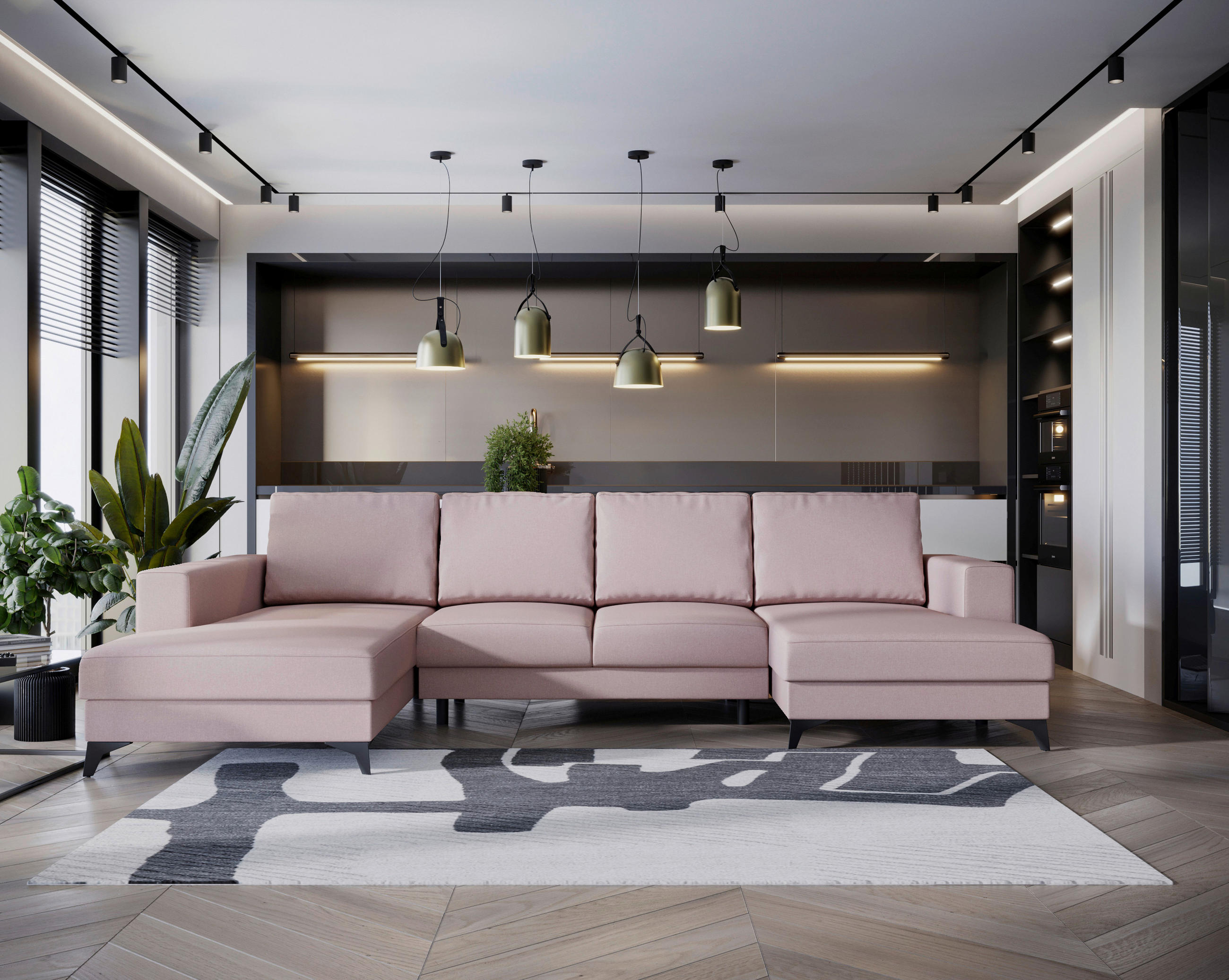 WOHNLANDSCHAFT in Flachgewebe Rosa  - Schwarz/Rosa, Design, Textil/Metall (190/339/156cm) - Livetastic