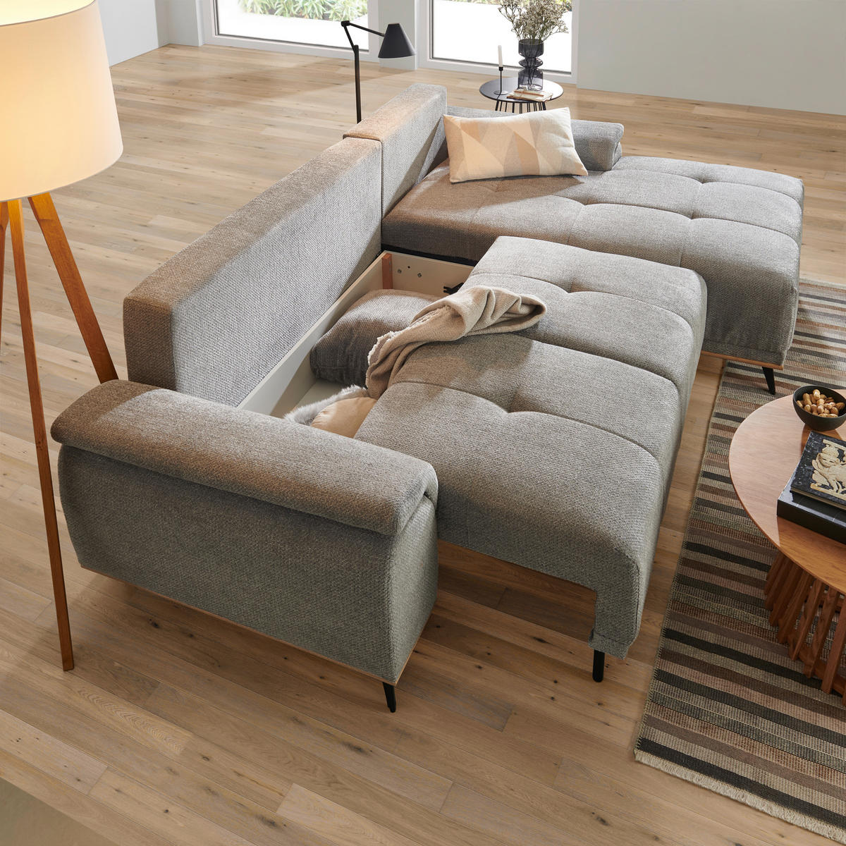 ECKSOFA in Chenille Grau  - Schwarz/Grau, Modern, Textil/Metall (168/262cm) - home24