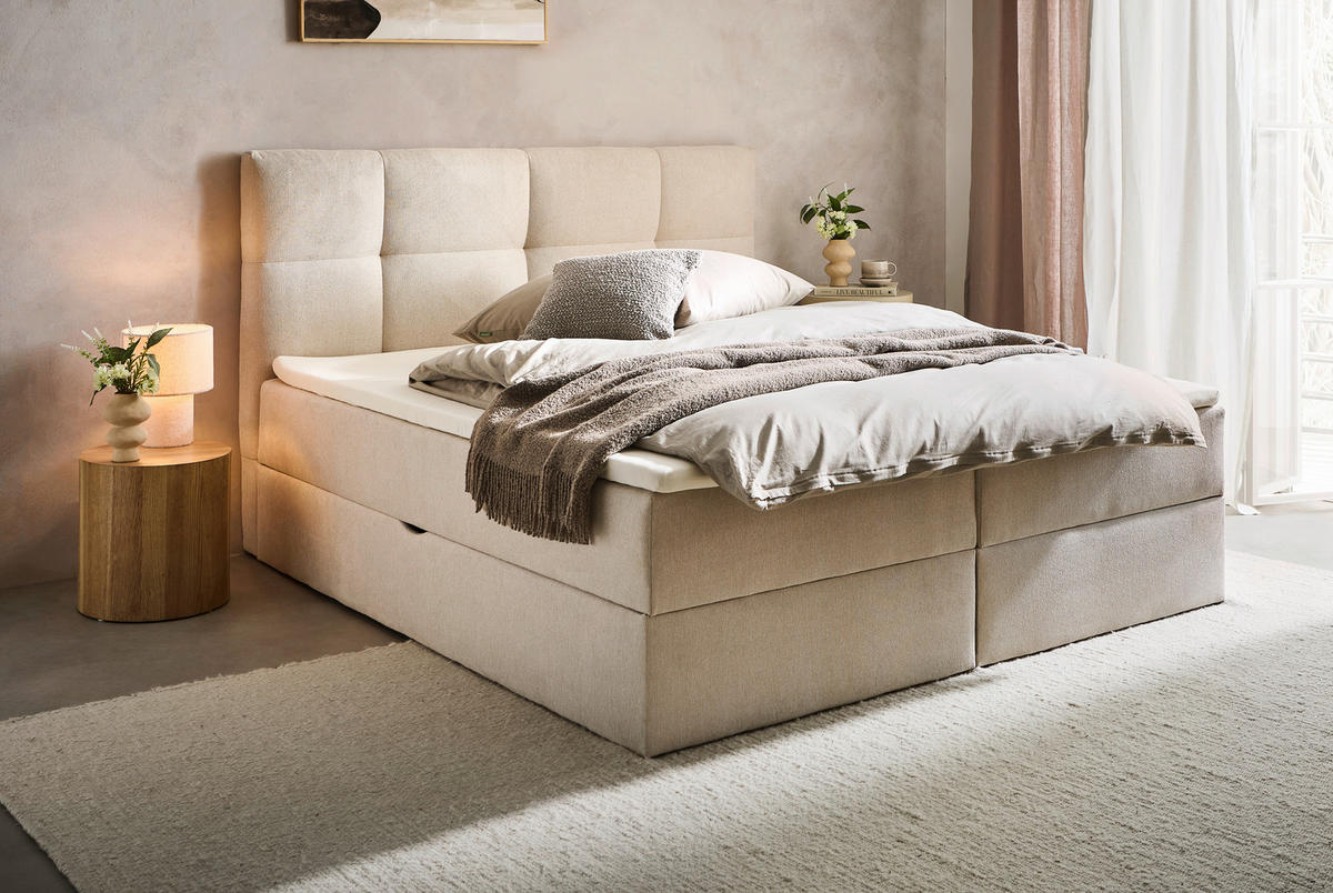 BOXBETT 180/200 cm,  in Creme, Bettkasten, Topper, H3 + H3 = fest  - Creme, KONVENTIONELL, Textil (180/200cm) - Boxxx