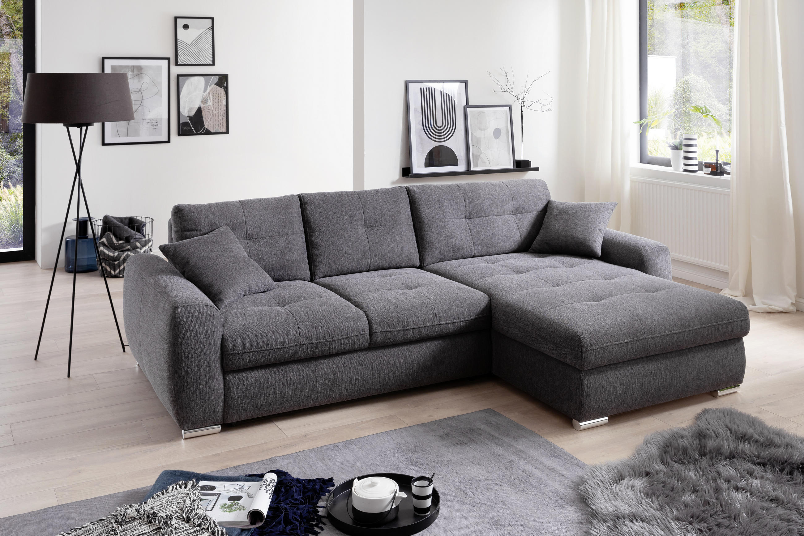 ECKSOFA in Mikrofaser Dunkelgrün - Chromfarben/Dunkelgrün, Modern, Kunststoff/Textil (276/193cm) - Hom`in