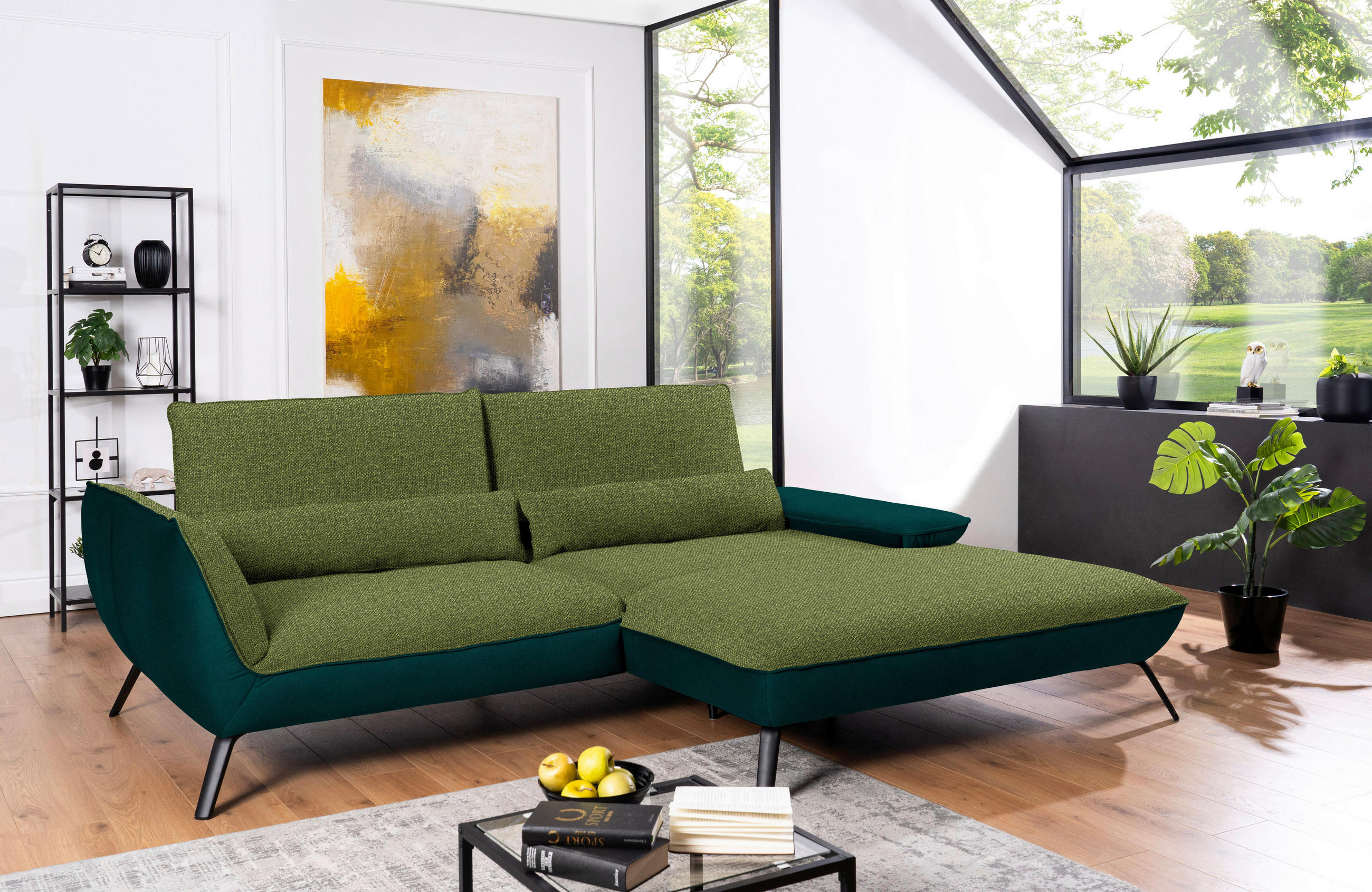 ECKSOFA in Flachgewebe Grün  - Schwarz/Grün, Design, Textil/Metall (273/191cm) - Moderano