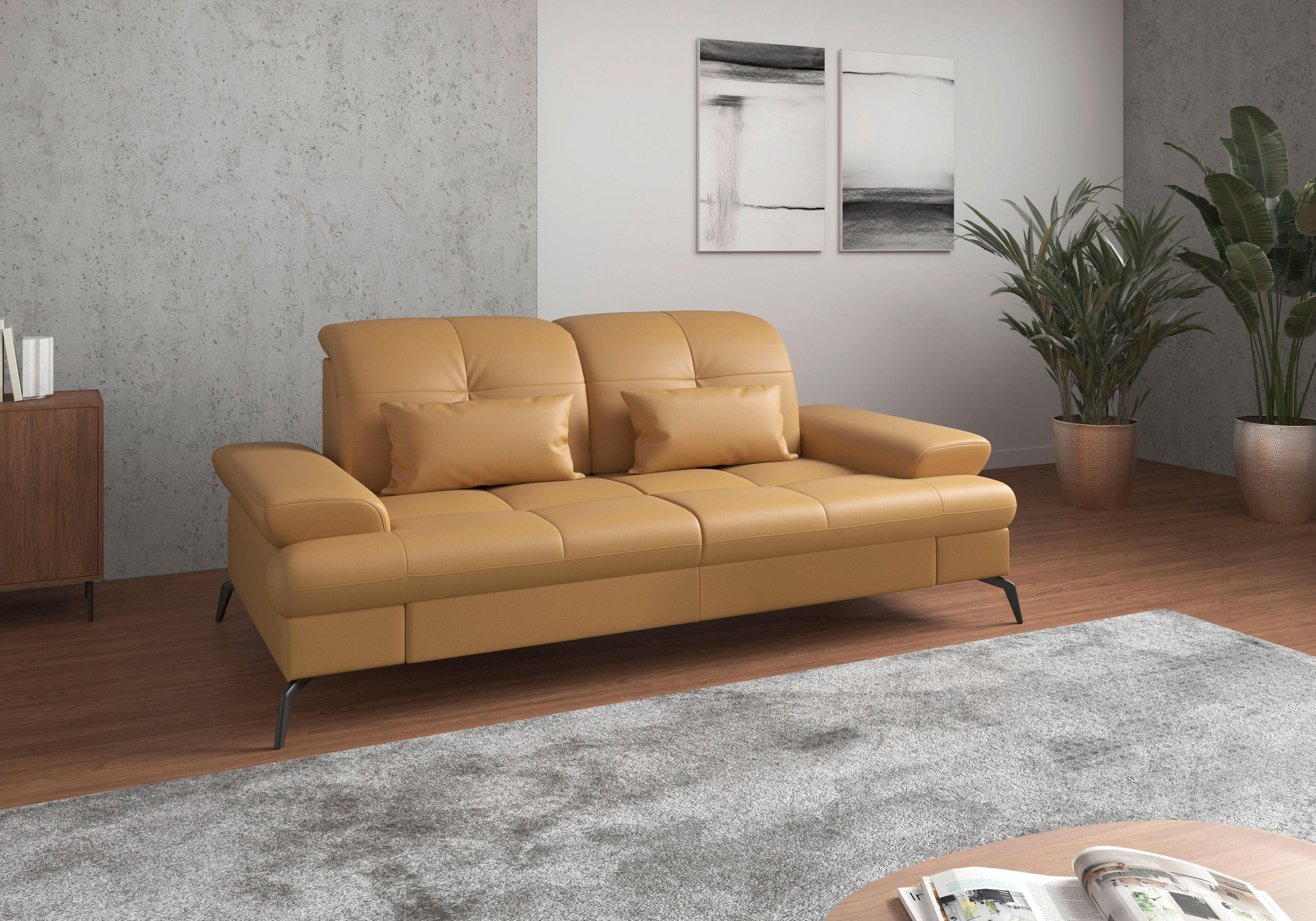 3-SITZER-SOFA Echtleder Currygelb  - Currygelb/Schwarz, KONVENTIONELL, Leder/Metall (212/90/122cm) - Sit & More