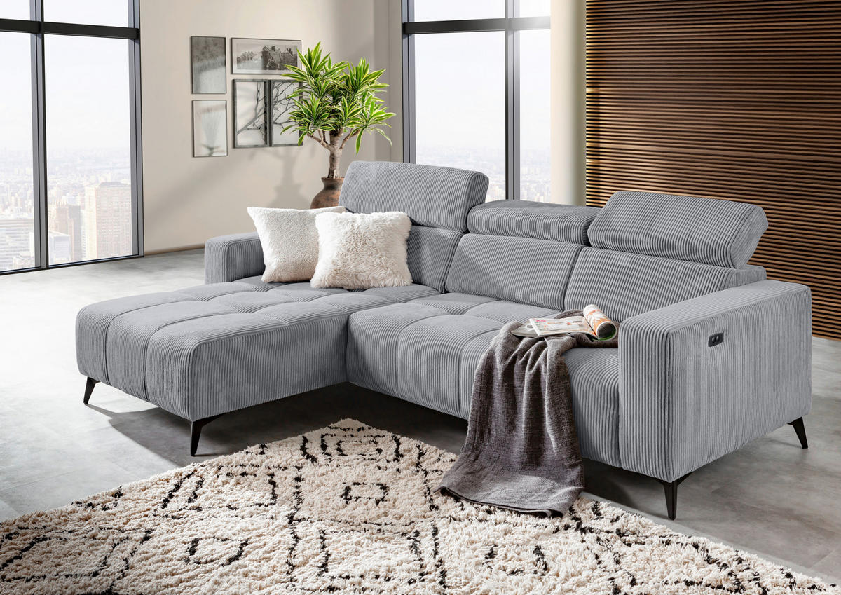 ECKSOFA Hellgrau Cord Rücken echt, Kopfteilverstellung, Sitzvorzug  - Hellgrau/Schwarz, KONVENTIONELL, Textil/Metall (170/257cm) - Carryhome