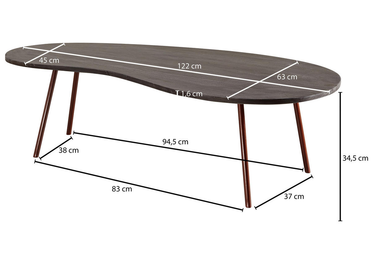 COUCHTISCH Akazie massiv 122/63/34,5 cm Freiform Dunkelgrau  - Dunkelgrau/Kupferfarben, Design, Holz/Metall (122/63/34,5cm) - MID.YOU