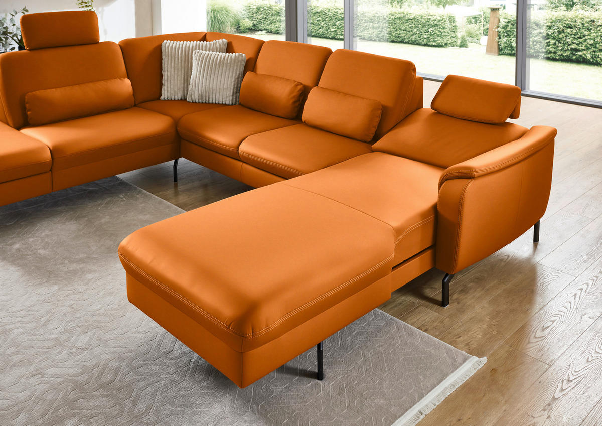 WOHNLANDSCHAFT Beldomo premium in Echtleder Orange  - Schwarz/Orange, KONVENTIONELL, Leder/Metall (224/306/168cm) - Beldomo Premium