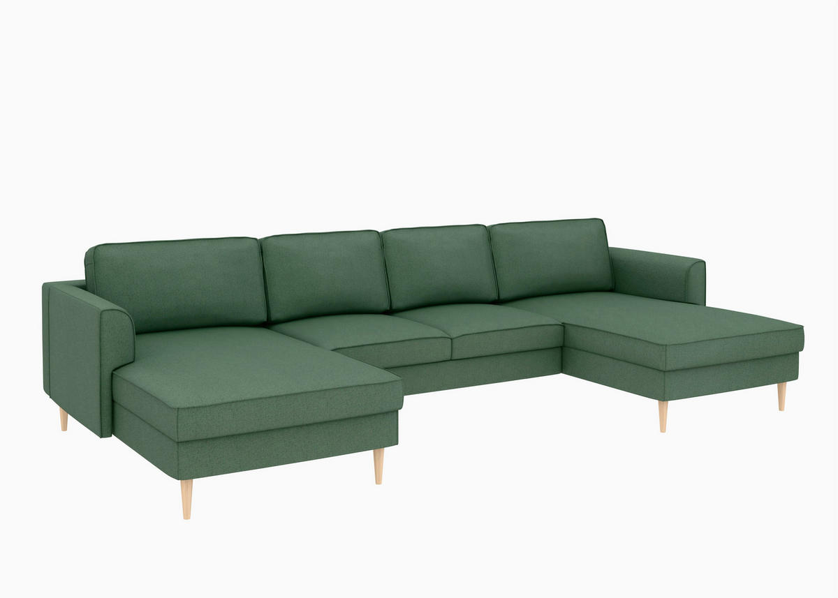 WOHNLANDSCHAFT Dunkelgrün Struktur  - Dunkelgrün/Buchefarben, MODERN, Holz/Textil (161/306/161cm) - Trendmanufaktur