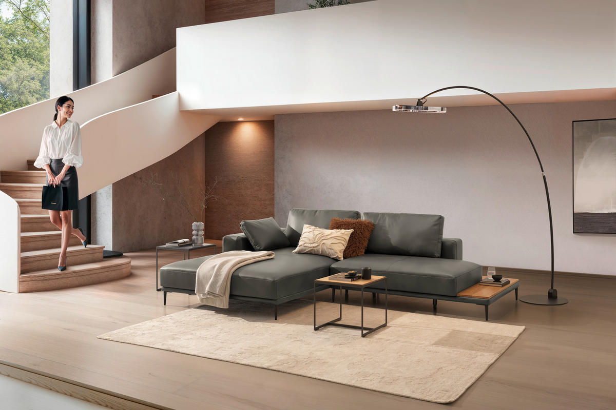 ECKSOFA Echtleder Grau  - Schwarz/Grau, Design, Leder/Metall (201/304cm) - Belluti