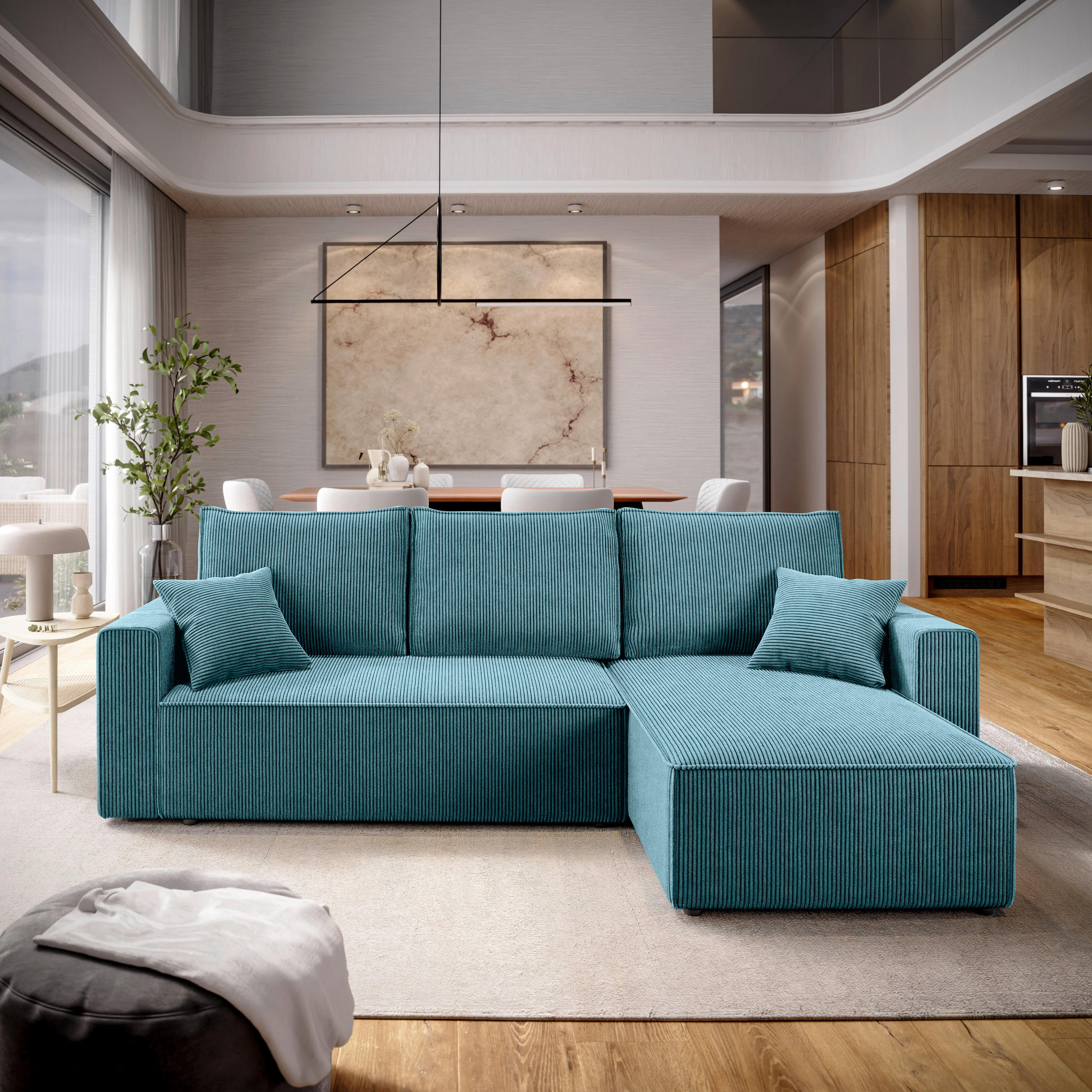 ECKSOFA Türkis Cord  - Türkis/Schwarz, KONVENTIONELL, Kunststoff/Textil (232/143cm) - Carryhome
