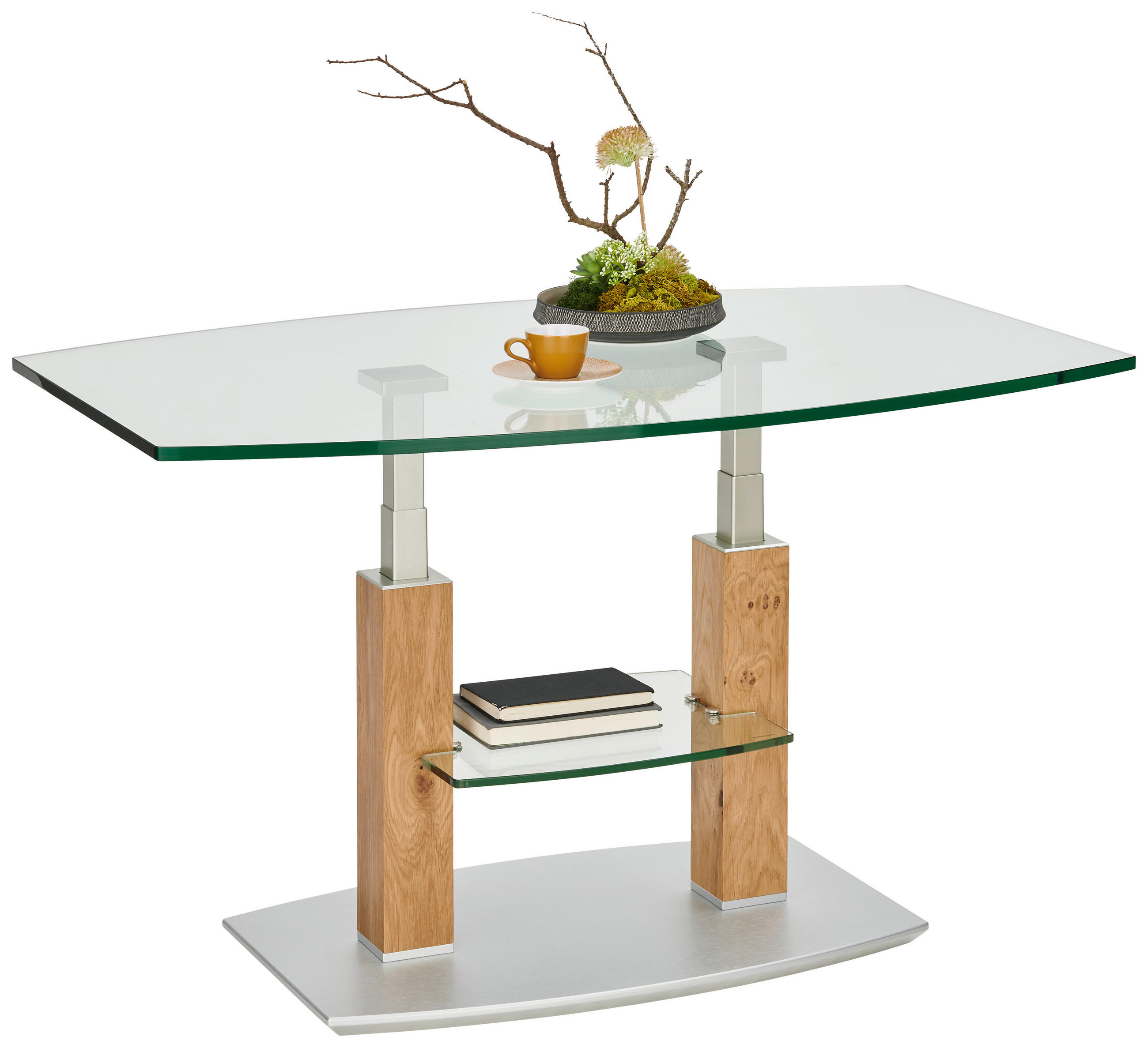 COUCHTISCH Eiche massiv Klarglas 110/70/46-65 cm bootsförmig Eichefarben, Edelstahlfarben  - Edelstahlfarben/Eichefarben, Natur, Glas/Holz (110/70/46-65cm)