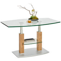 COUCHTISCH Eiche massiv Klarglas 110/70/46-65 cm bootsförmig Eichefarben, Edelstahlfarben  - Edelstahlfarben/Eichefarben, Natur, Glas/Holz (110/70/46-65cm)