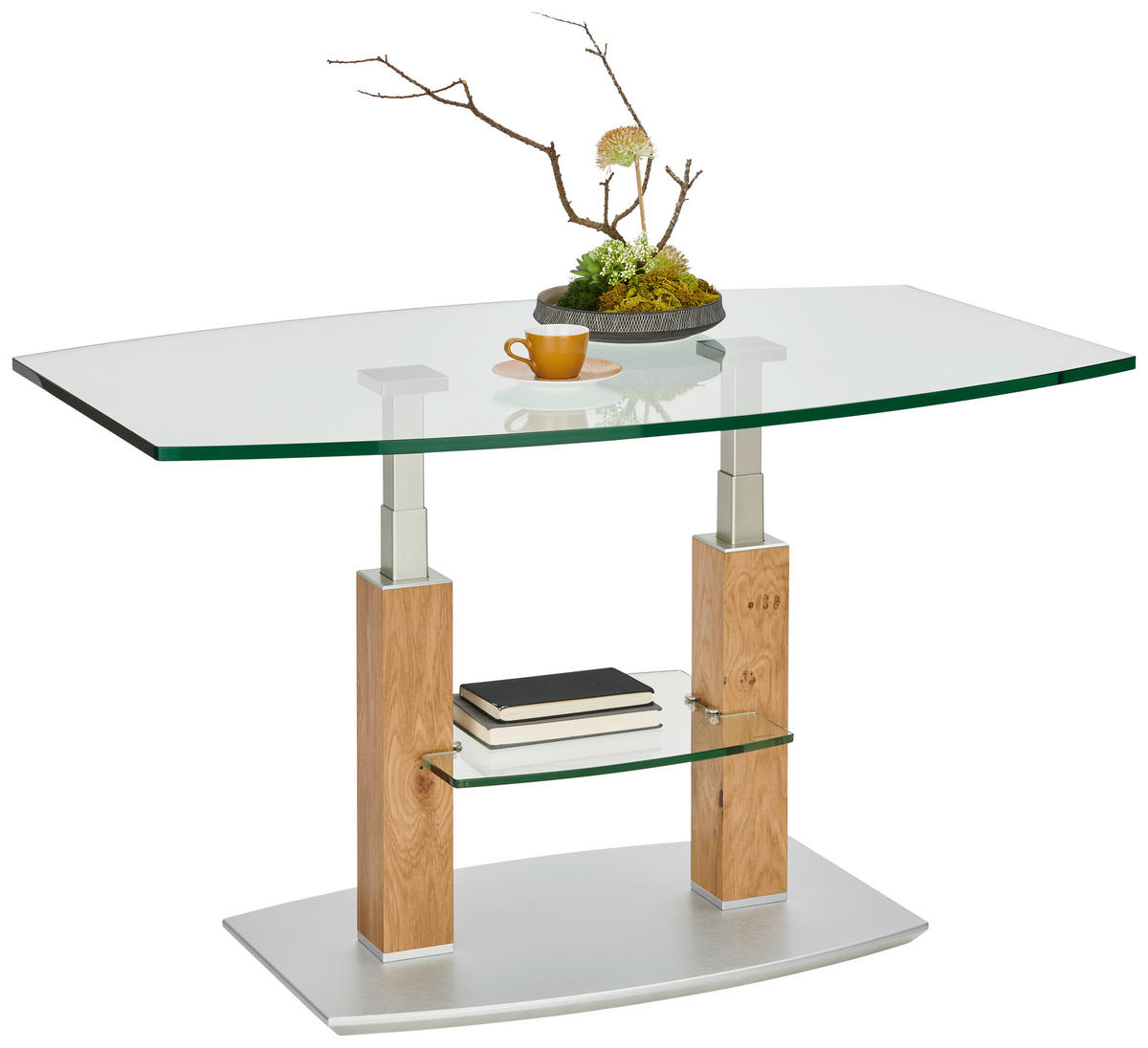 COUCHTISCH Eiche massiv Klarglas 110/70/46-65 cm bootsförmig Eichefarben, Edelstahlfarben  - Edelstahlfarben/Eichefarben, Natur, Glas/Holz (110/70/46-65cm)