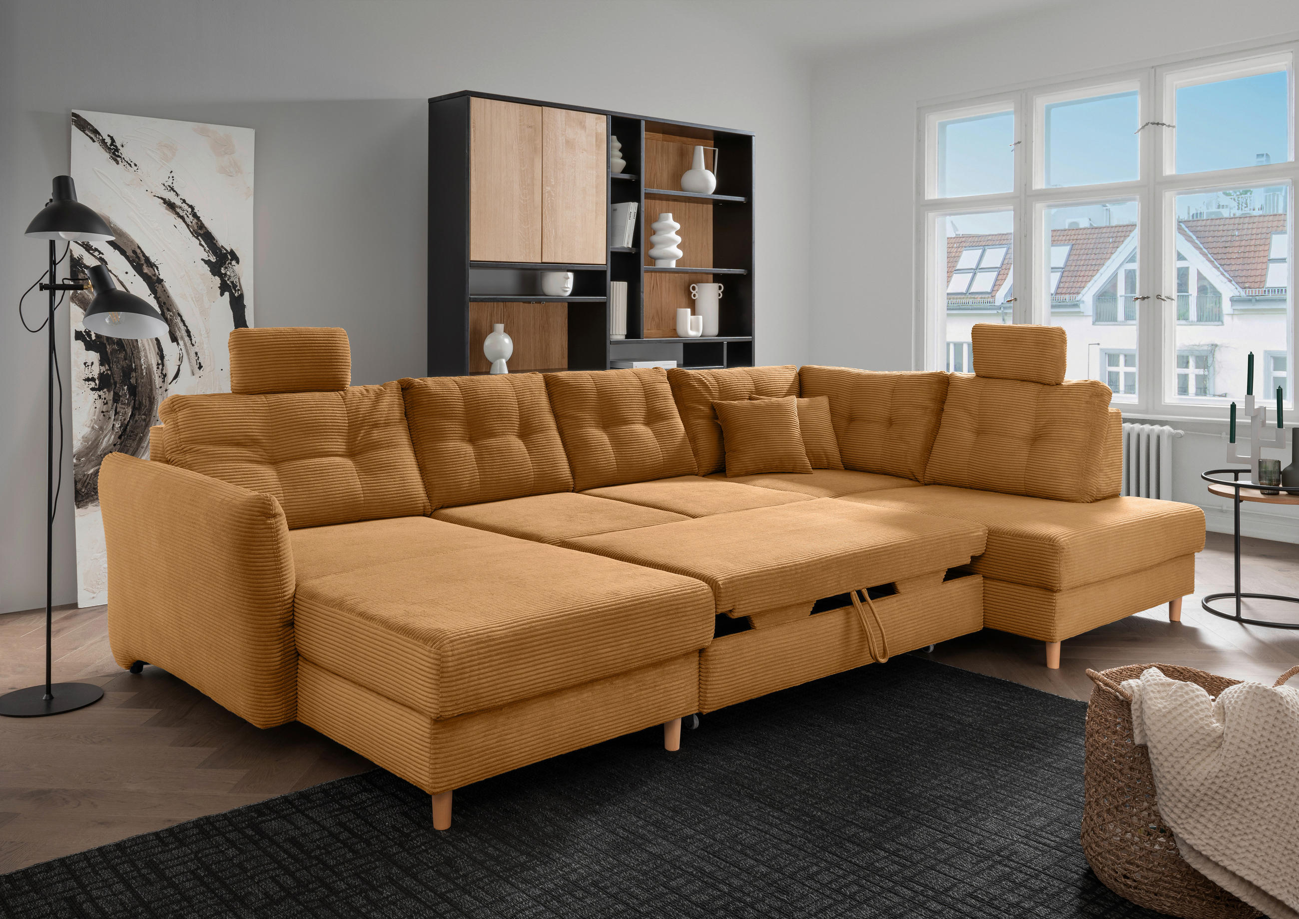 WOHNLANDSCHAFT Goldfarben Cord - Goldfarben/Naturfarben, MODERN, Holz/Textil (176/338-352/206cm) - Livetastic