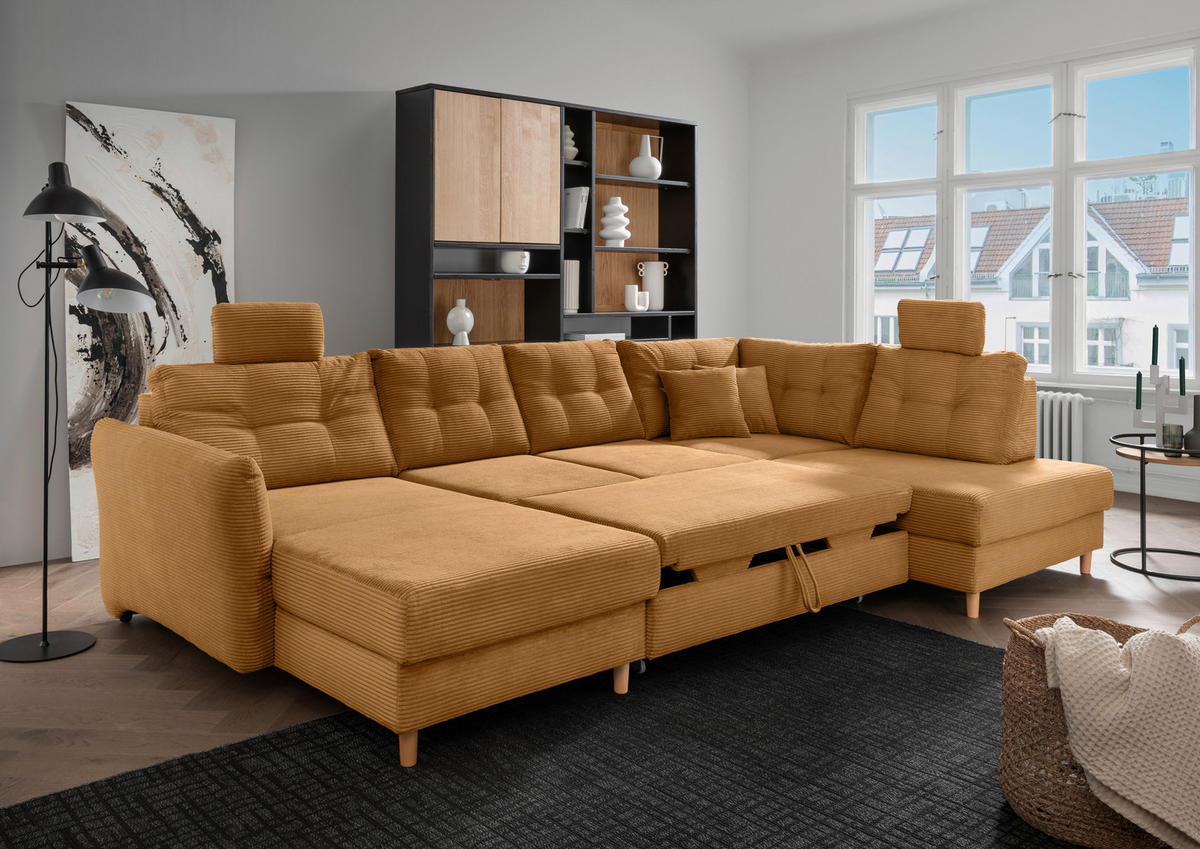 WOHNLANDSCHAFT in Cord Goldfarben  - Goldfarben/Naturfarben, Modern, Holz/Textil (176/338-352/206cm) - Livetastic