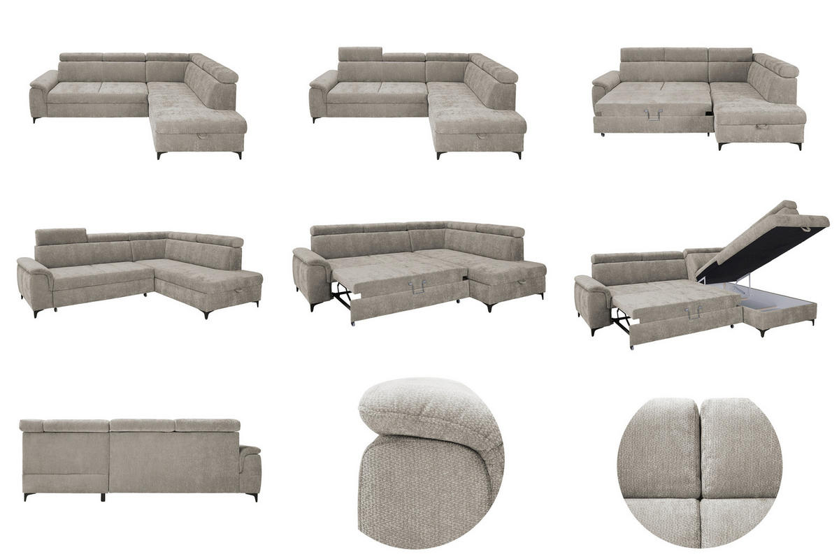 ECKSOFA Taupe Chenille Bettkasten, Schlaffunktion, Rücken echt, Kopfteilverstellung, Liegefläche im Originalstoff  - Taupe/Schwarz, KONVENTIONELL, Textil/Metall (265/206cm) - Carryhome