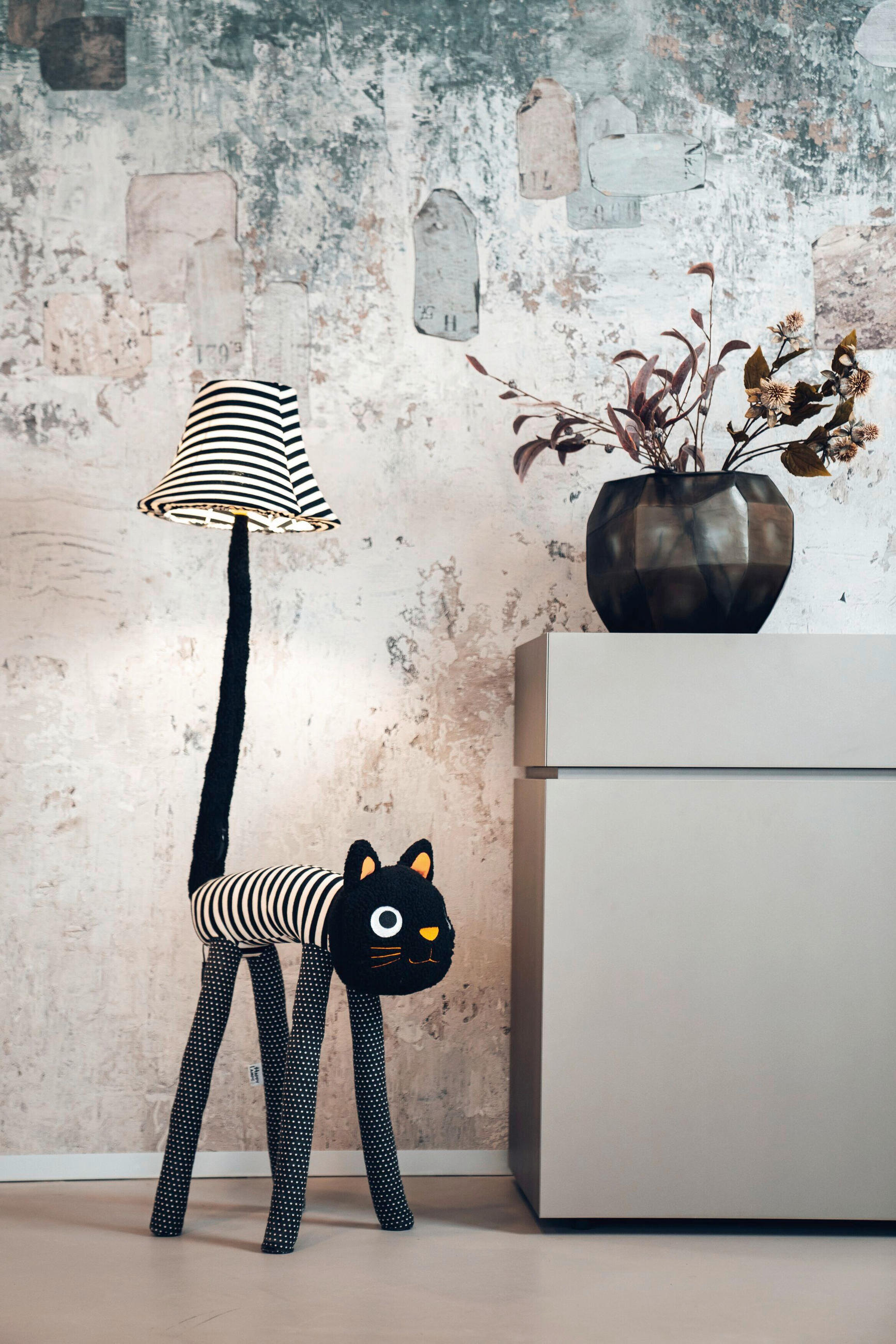 LED-STEHLEUCHTE Luna die Katze 32/62/126 cm   - Schwarz/Weiß, LIFESTYLE, Textil/Metall (32/62/126cm) - Happy Lamps