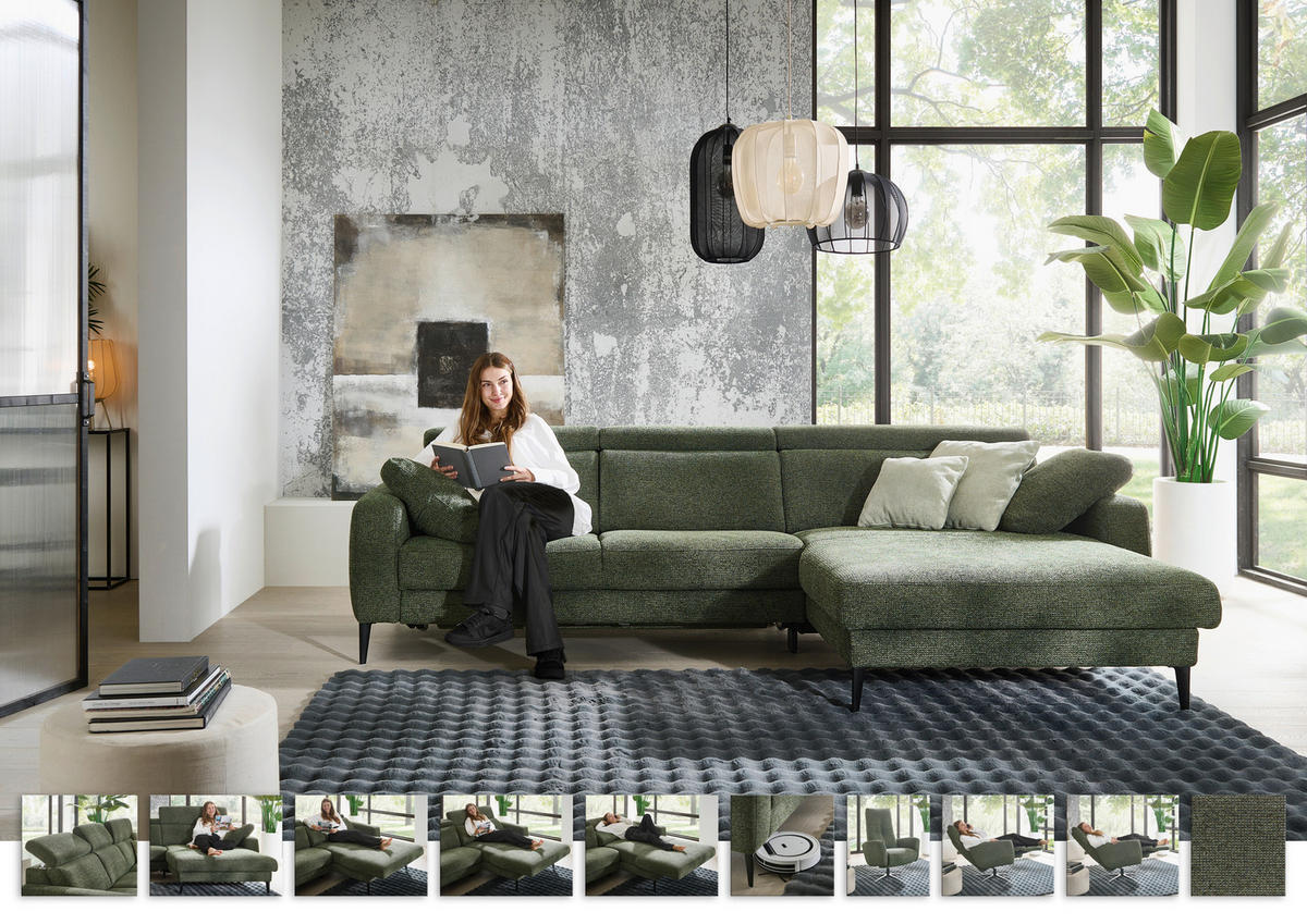 ECKSOFA Grün Chenille  - Schwarz/Grün, KONVENTIONELL, Textil/Metall (300/177cm) - Valdera