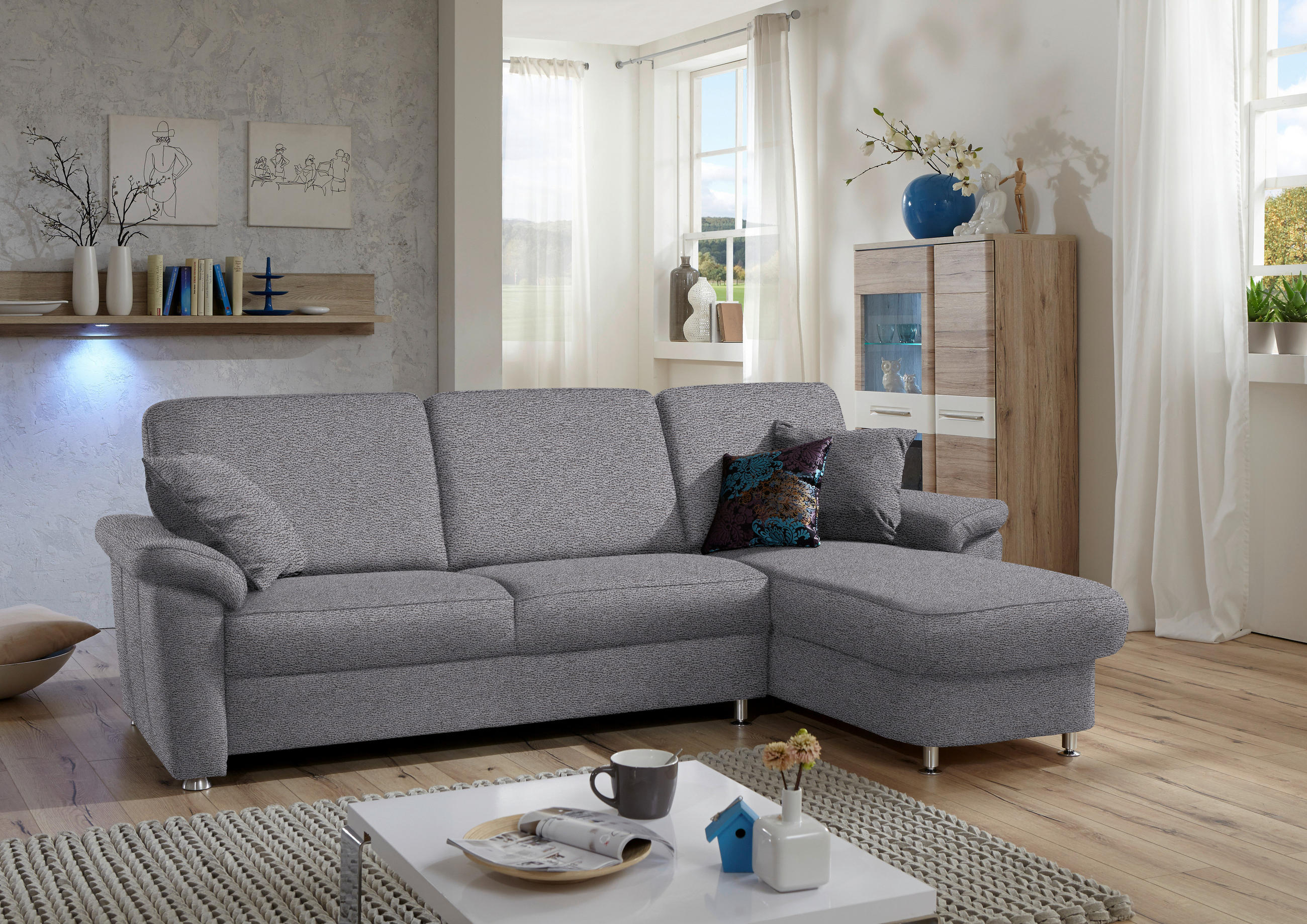 ECKSOFA in Flachgewebe Grau  - Chromfarben/Grau, Konventionell, Textil/Metall (250/163cm) - Beldomo System
