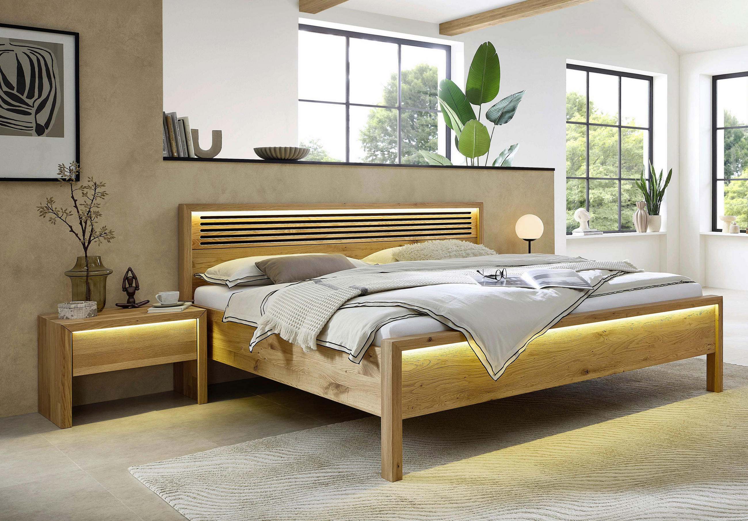 BETT 180/220 cm,  in Eichefarben, Beleuchtung,  - Eichefarben, MODERN, Holz (180/220cm) - Livetastic