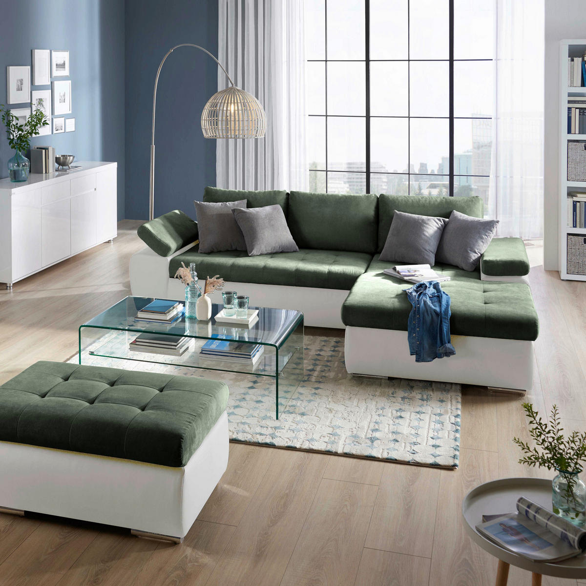 ECKSOFA in Flachgewebe Weiss, Olivgrün  - Weiss/Olivgrün, Design, Kunststoff/Textil (271/175cm) - MID.YOU