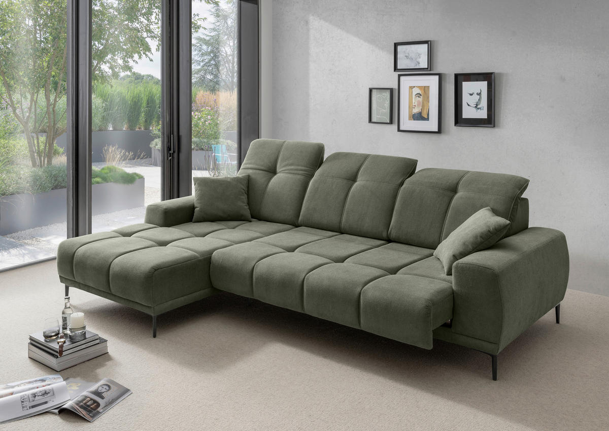 ECKSOFA NESTO Dunkelgrün Chenille Zierkissen, Kopfteilverstellung, Sitztiefenverstellung  - Dunkelgrün/Schwarz, Basics, Textil/Metall (187/292cm) - Livetastic