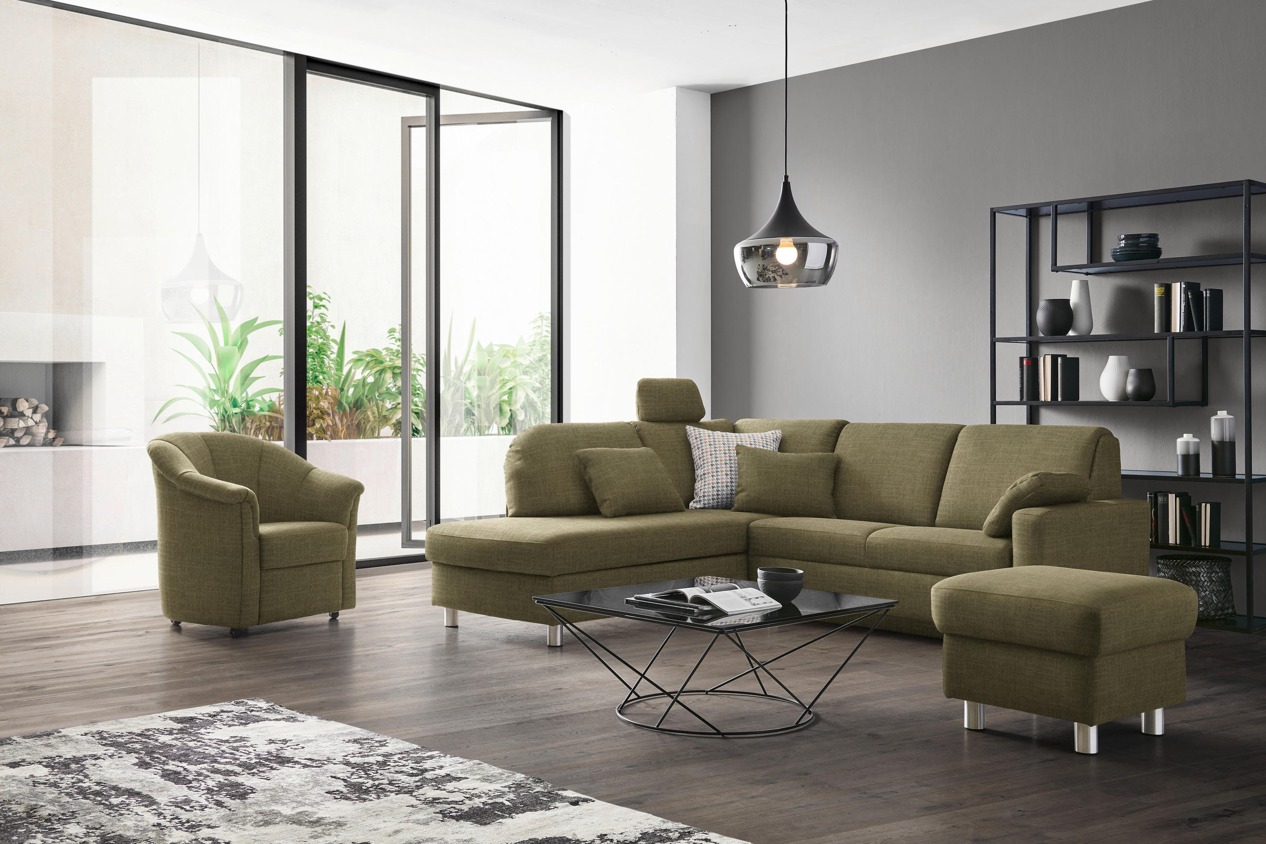 ECKSOFA in Chenille Olivgrün  208/227 cm  - Alufarben/Olivgrün, KONVENTIONELL, Textil/Metall (208/227cm) - Sedda