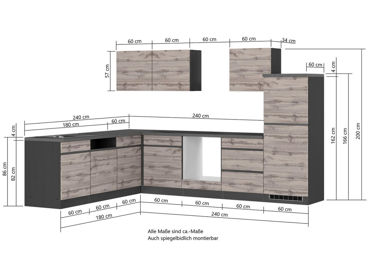 KÜCHENLEERBLOCK  300/240 cm  in Grau, Eiche Wotan  - Eiche Wotan/Grau, Design, Holzwerkstoff (300/240cm) - Held