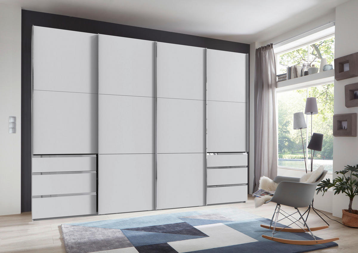 SCHWEBETÜRENSCHRANK 300/216/65 cm 4-türig Weiß  - Chromfarben/Weiß, MODERN, Holzwerkstoff (300/216/65cm) - MID.YOU