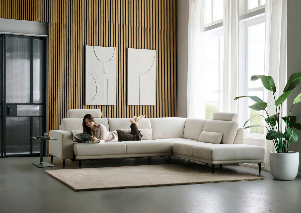 ECKSOFA Dieter Knoll Beige Chenille  - Beige/Schwarz, Design, Textil/Metall (303/254cm) - Dieter Knoll