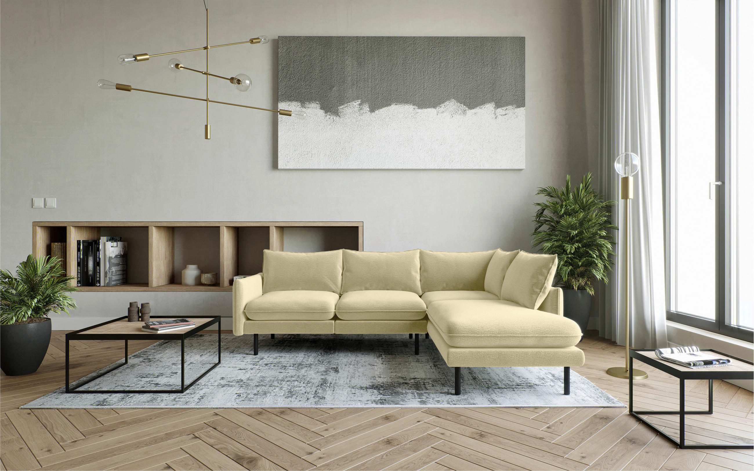 ECKSOFA Beige Samt  - Beige/Schwarz, Design, Textil/Metall (267/204cm) - Livetastic