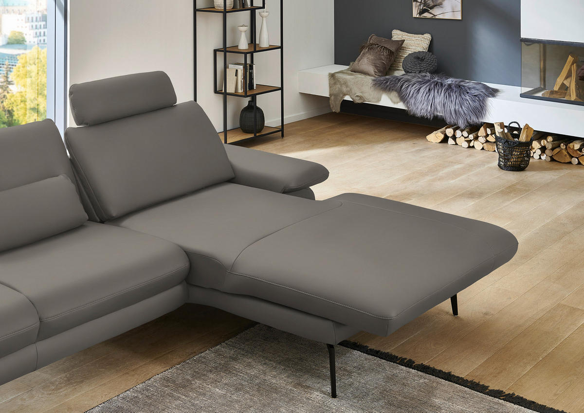 ECKSOFA in Echtleder Hellgrau  - Hellgrau/Schwarz, Design, Leder/Metall (310/180cm) - Dieter Knoll