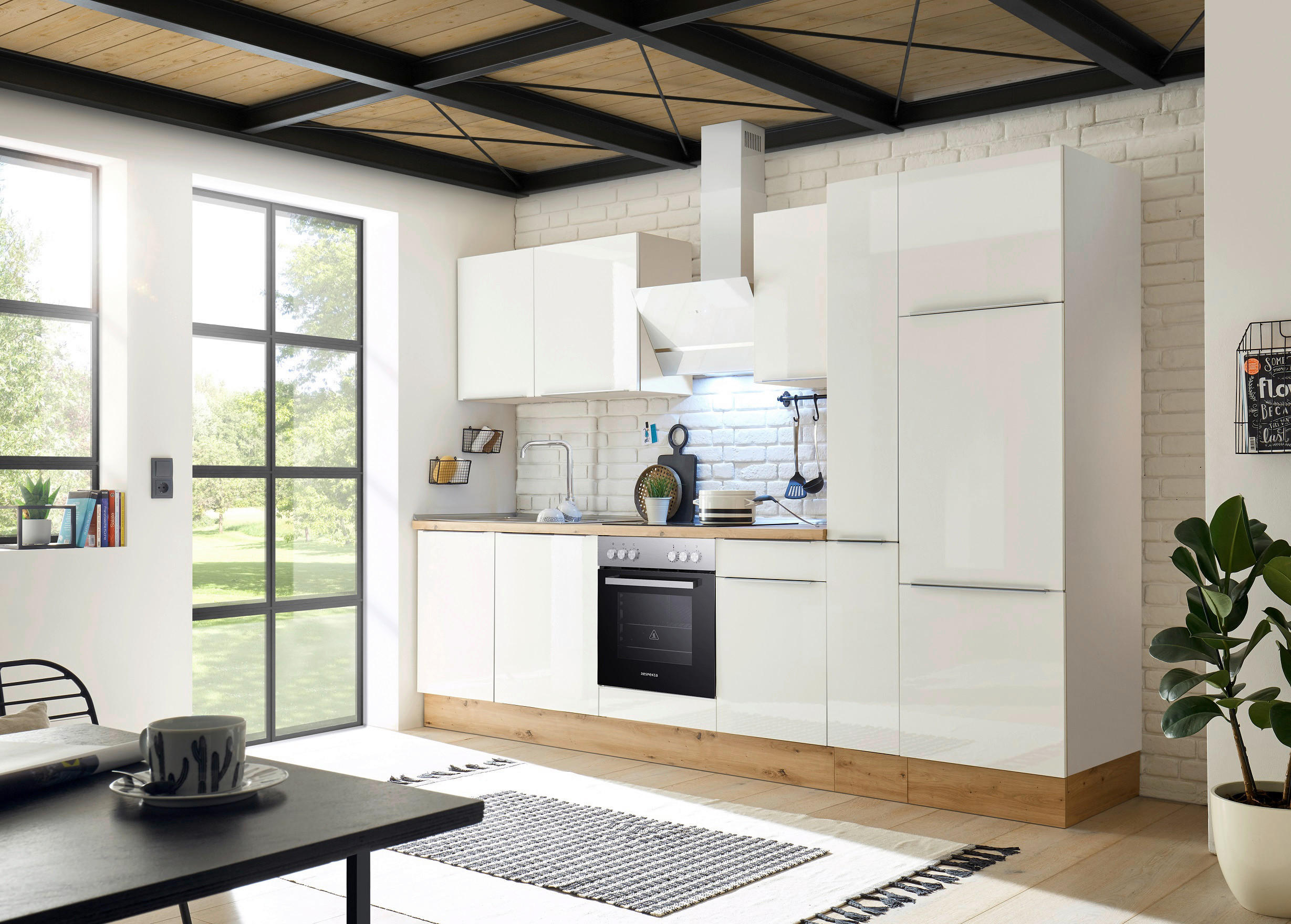 Küchenzeile mit Geräten B: 310 cm Weiß/Eiche Dekor