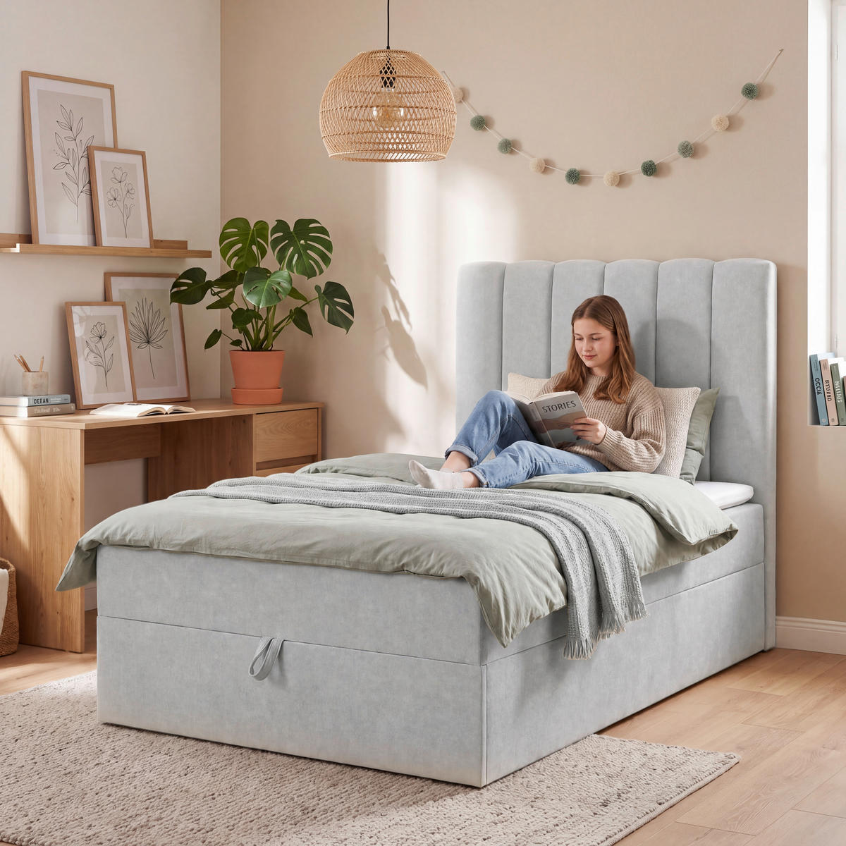BOXBETT 100/200 cm,  in Hellgrau, Matratze, gepolstertes Kopfteil, Bettkasten, Topper, H3 = fest  - Hellgrau/Schwarz, Basics, Kunststoff/Textil (100/200cm) - Chameo