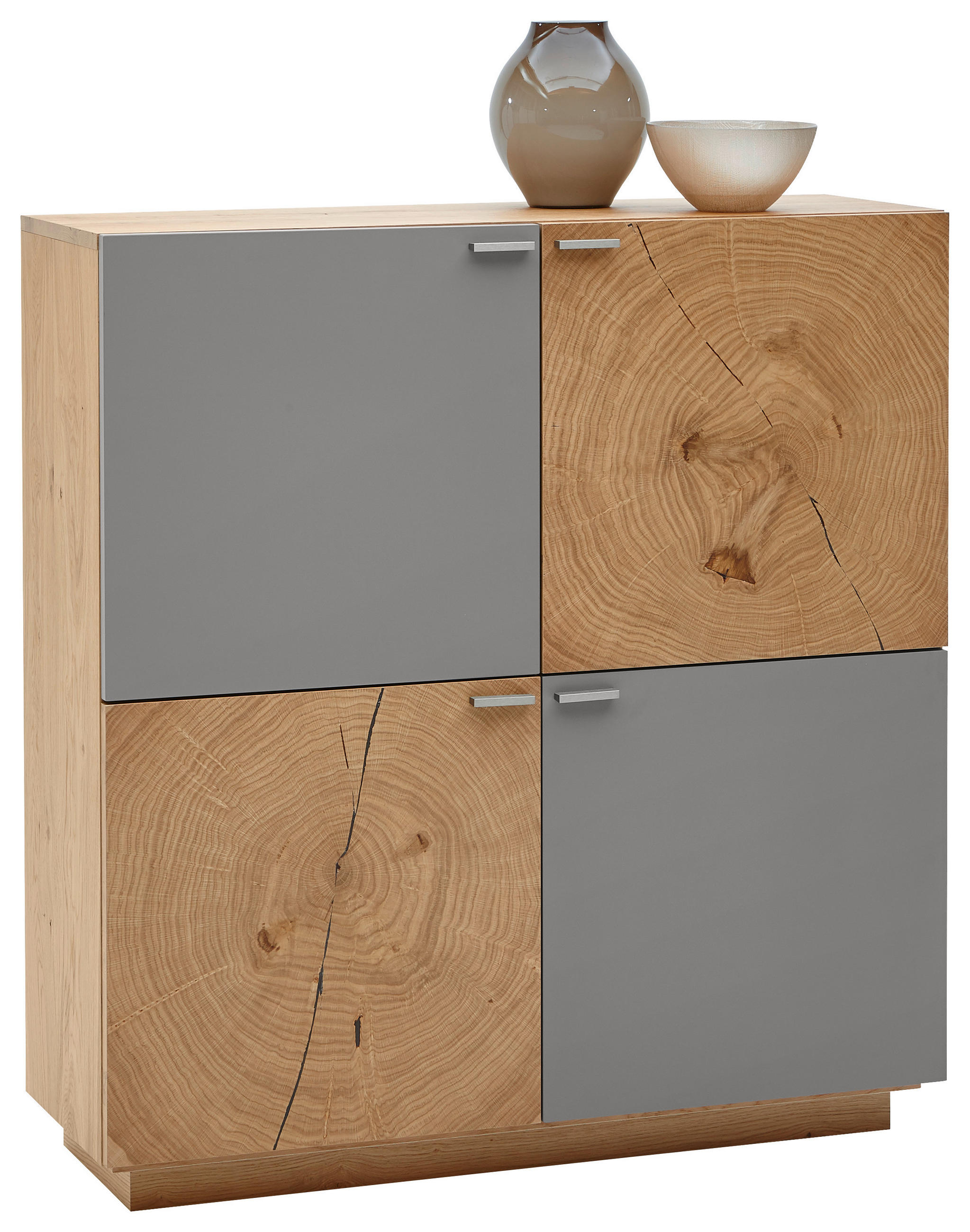 HIGHBOARD Asteiche furniert Walnussfarben, Alteiche Befestigungsmaterial, Rückwand, Abdeckplatte, Einlegeböden - Alteiche/Eichefarben, KONVENTIONELL, Holz/Metall (112/120/38cm) - Voleo