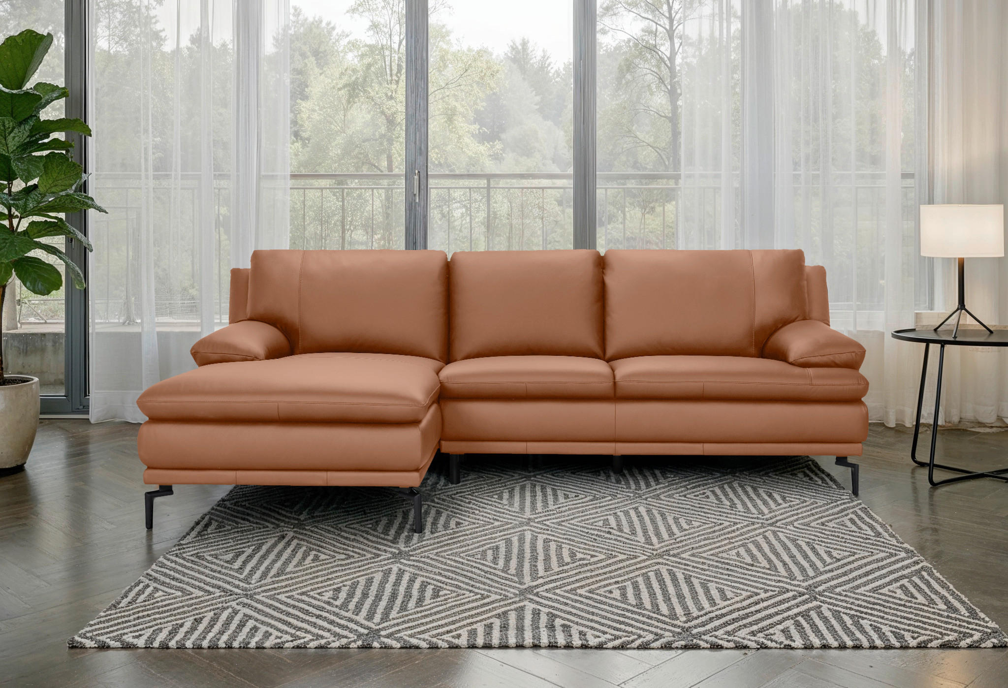 ECKSOFA Cognac Echtleder  - Cognac/Schwarz, Design, Leder (158/248cm) - MID.YOU