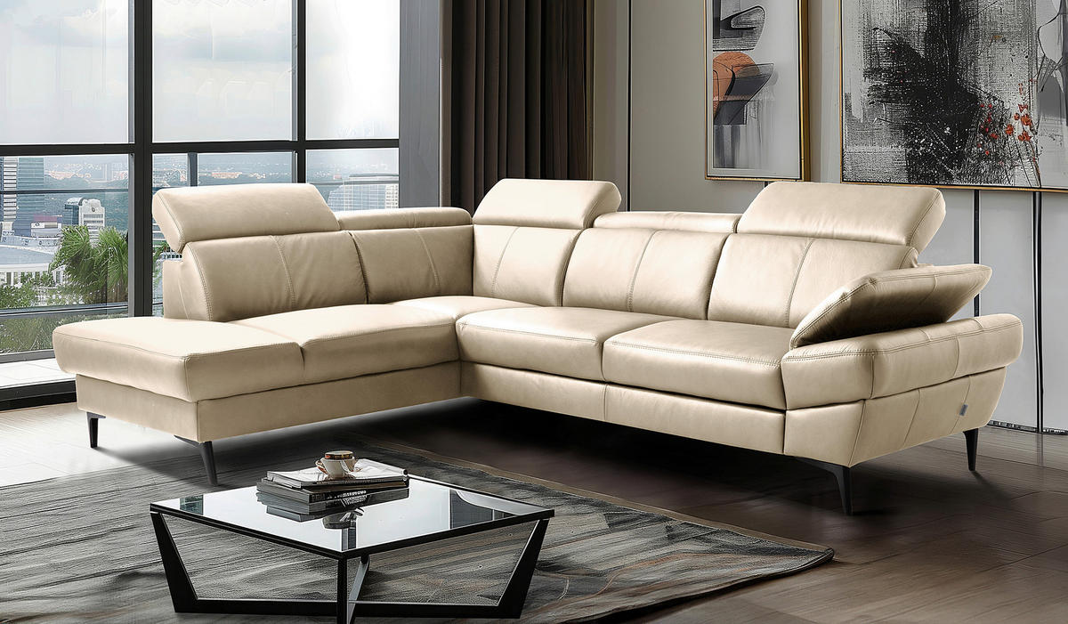 ECKSOFA Grau Echtleder Lederlook Bettkasten, Schlaffunktion, Rücken echt, Armteilverstellung, Kopfteilverstellung  - Schwarz/Grau, Design, Leder/Textil (211/264cm) - Livetastic