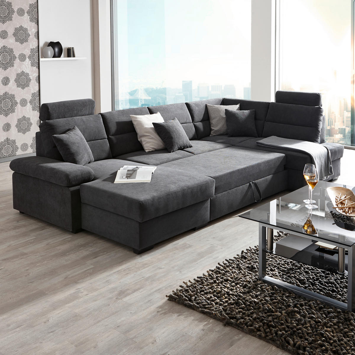 WOHNLANDSCHAFT inkl.Funktionen Anthrazit Flachgewebe  - Anthrazit/Dunkelbraun, KONVENTIONELL, Kunststoff/Textil (166/319/183cm) - Cantus