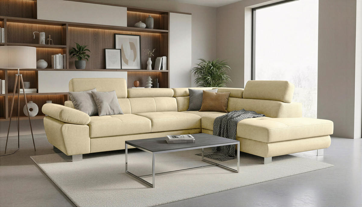 ECKSOFA Beige Webstoff Bettkasten, Schlaffunktion, Rücken echt, Armteilverstellung, Kopfteilverstellung  - Chromfarben/Beige, MODERN, Textil/Metall (278/205cm) - Stylife