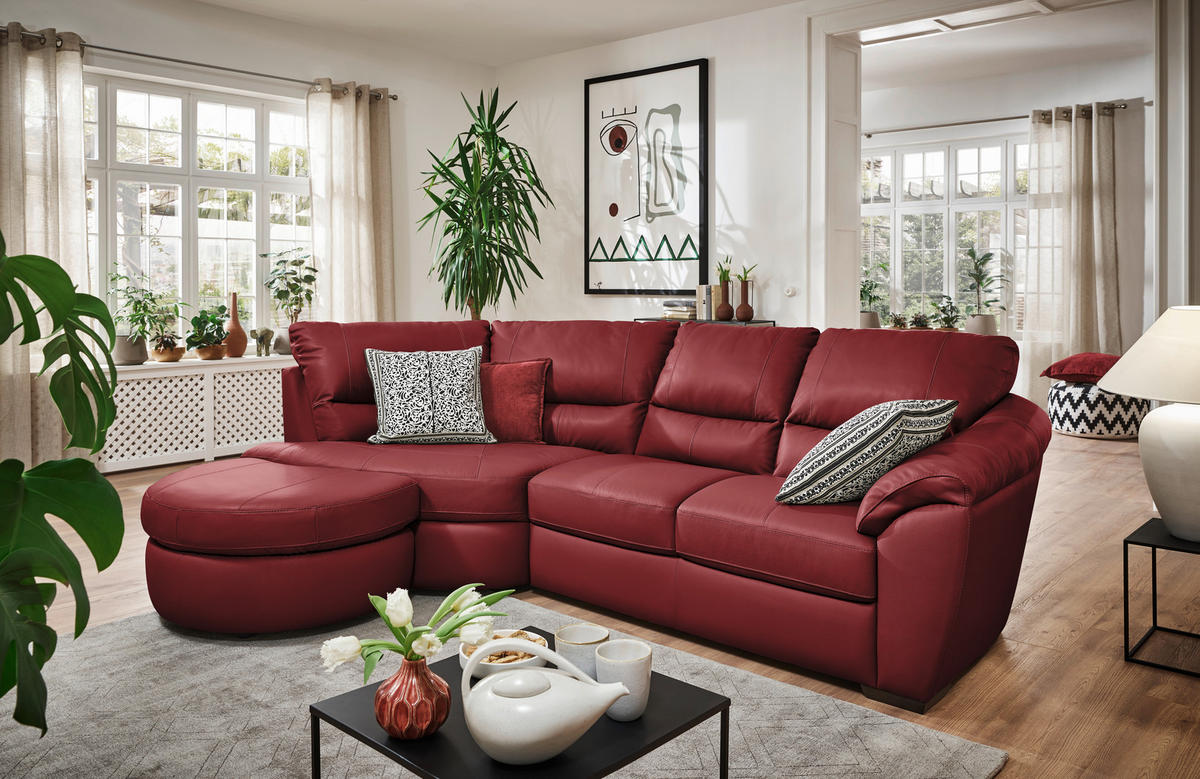 ECKSOFA Rot Kombination Echtleder/Lederlook  - Wengefarben/Rot, KONVENTIONELL, Leder/Holz (194/273cm) - Livetastic