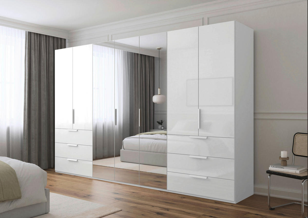 DREHTÜRENSCHRANK 350/223/61 cm,  in Weiß, Weiß Hochglanz, 7-türig  - Weiß Hochglanz/Weiß, Basics, Glas/Holzwerkstoff (350/223/61cm) - Novel