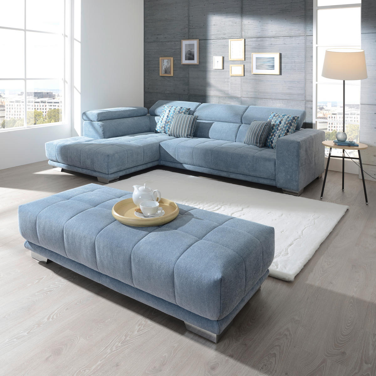 SEDEŽNA GARNITURA, mikrovlakna svetlo modra  - barve kroma/svetlo modra, Design, kovina/tekstil (301/207cm) - Xora