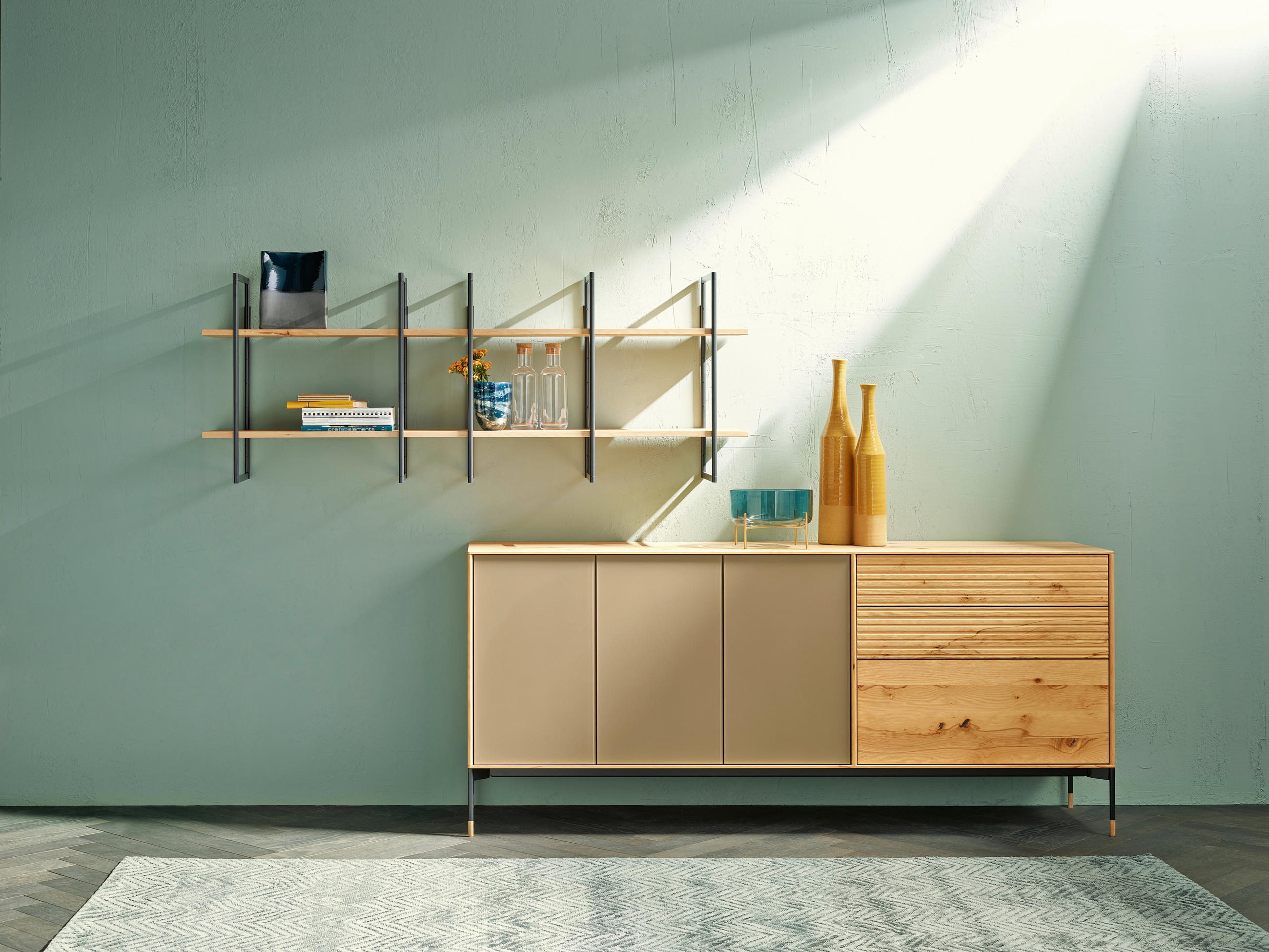 WOHNWAND  in Buchefarben, Greige  279,7/171,6/47 cm  - Greige/Buchefarben, Design, Glas/Holz (279,7/171,6/47cm) - Anrei
