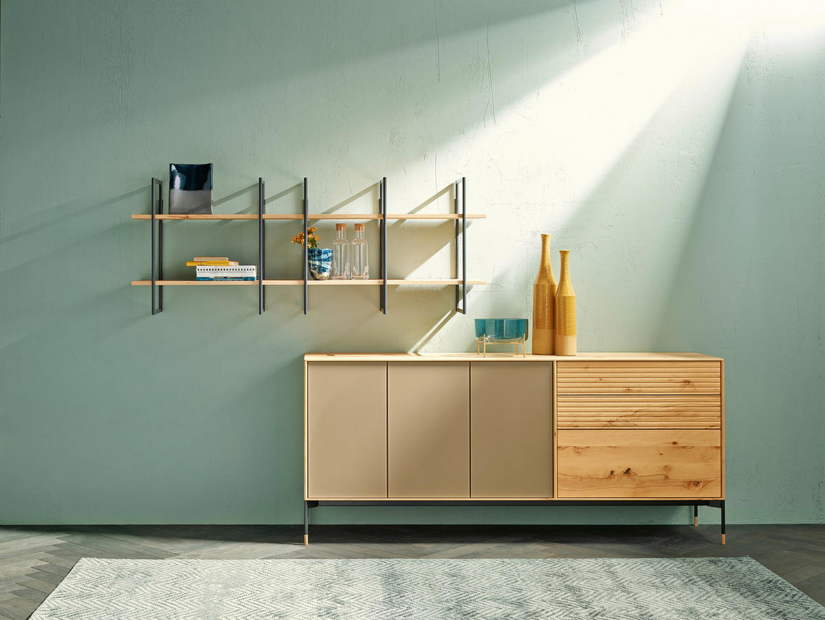 WOHNWAND  in Buchefarben, Greige  279,7/171,6/47 cm  - Greige/Buchefarben, Design, Glas/Holz (279,7/171,6/47cm) - Anrei