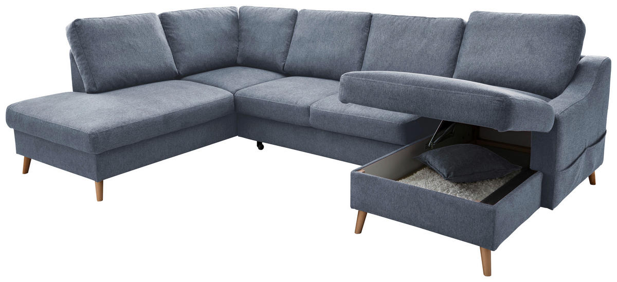 WOHNLANDSCHAFT Blau Struktur  - Blau/Naturfarben, KONVENTIONELL, Holz/Textil (200/301/150cm) - P & B